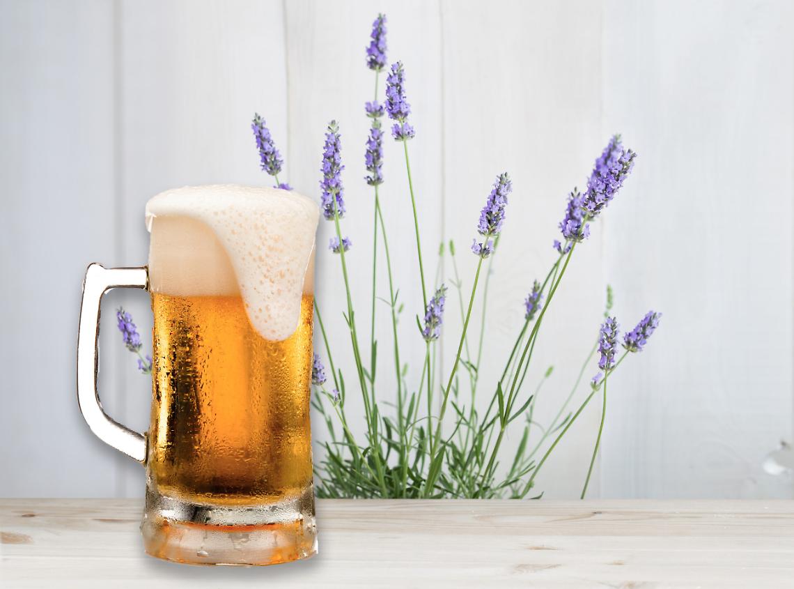 Glass of wine with lavender bush
