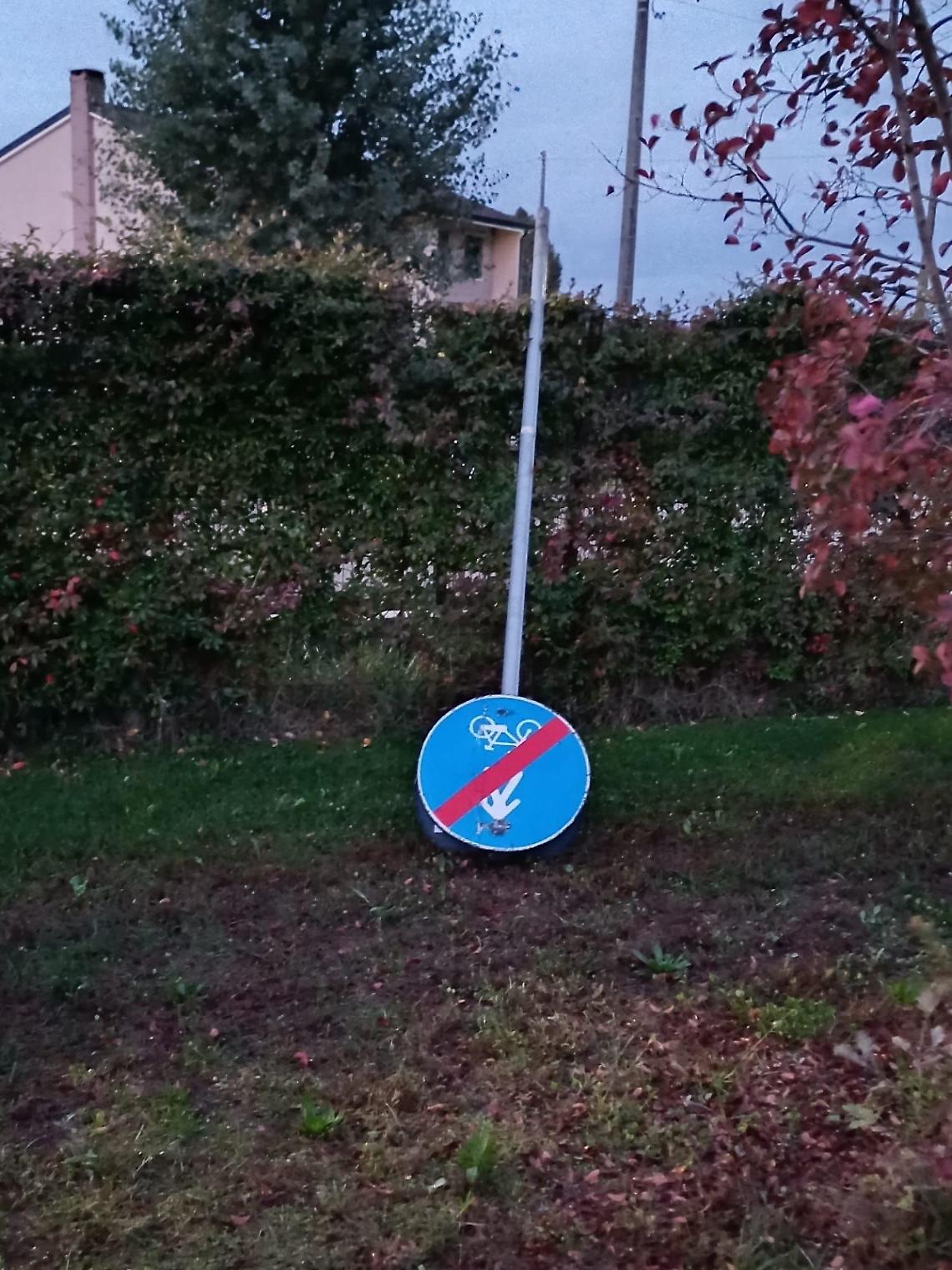 Il cartello stradale divelto da una baby gang