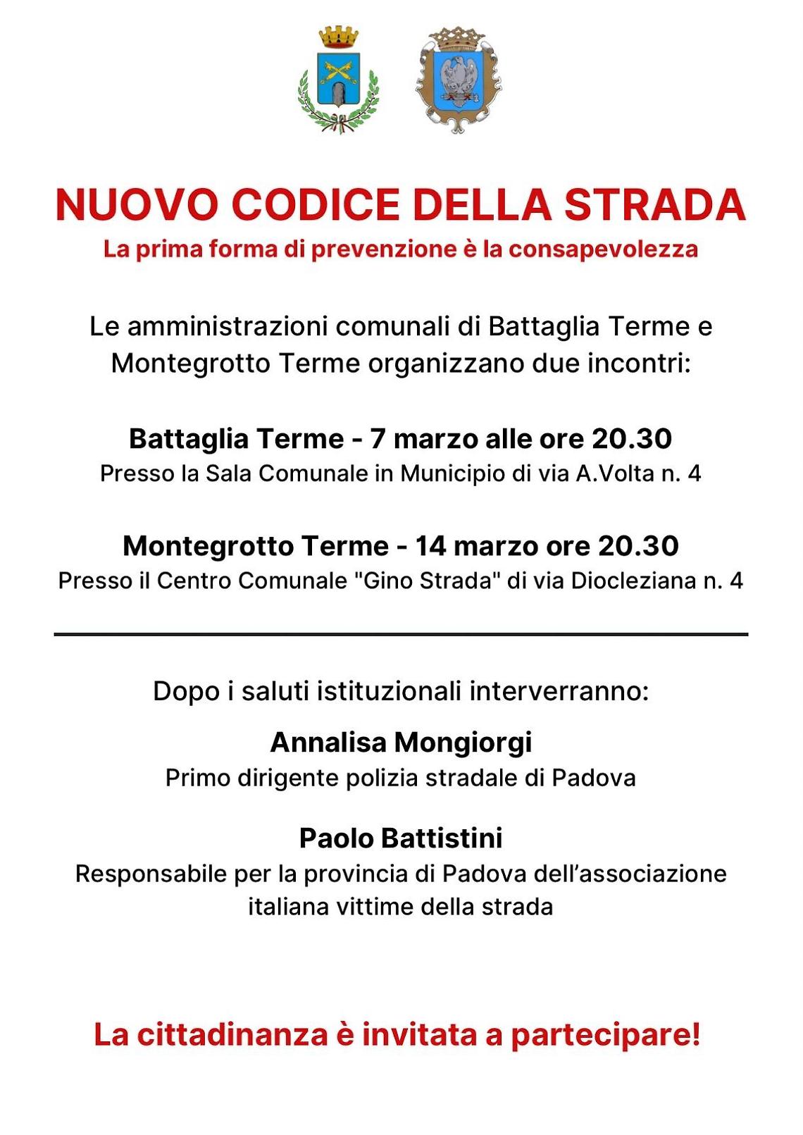 Nuovo codice della strada: i comuni di Montegrotto e Battaglia Terme promuovono sicurezza e prevenzione