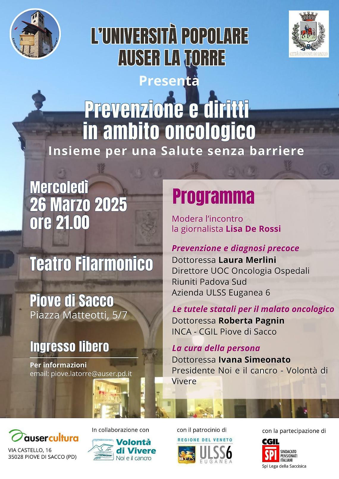 Piove di Sacco, prevenzione e diritti in ambito oncologico: insieme per una salute senza barriere