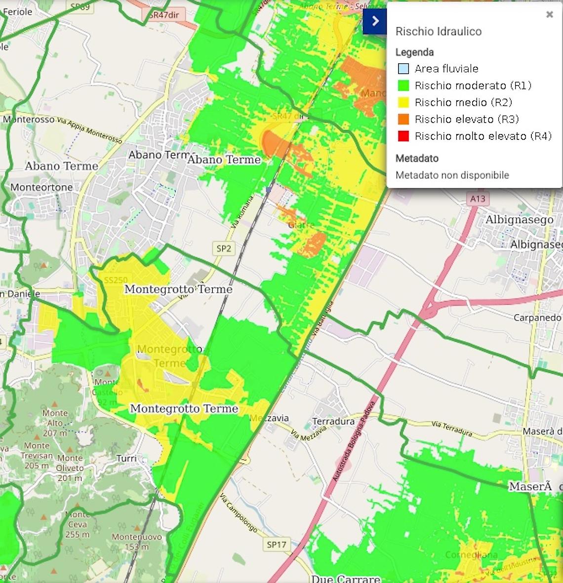 La mappa del rischio idraulico ad Abano e Montegrotto