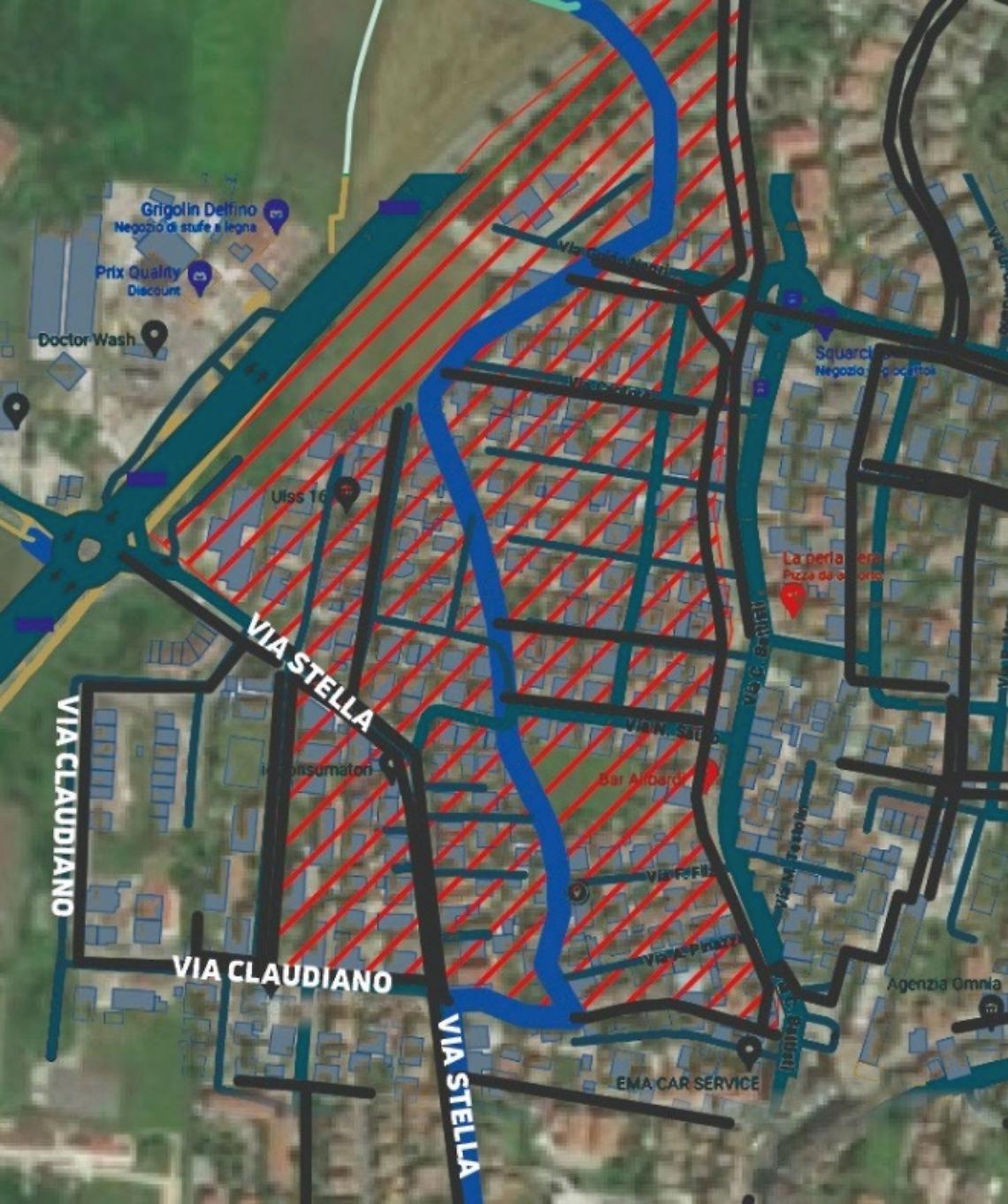 In rosso la pericolosità idraulica del quartiere Pinazza, attraversato dallo scolo Piovega