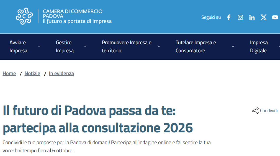 L'annuncio sul sito della Camera di Commercio