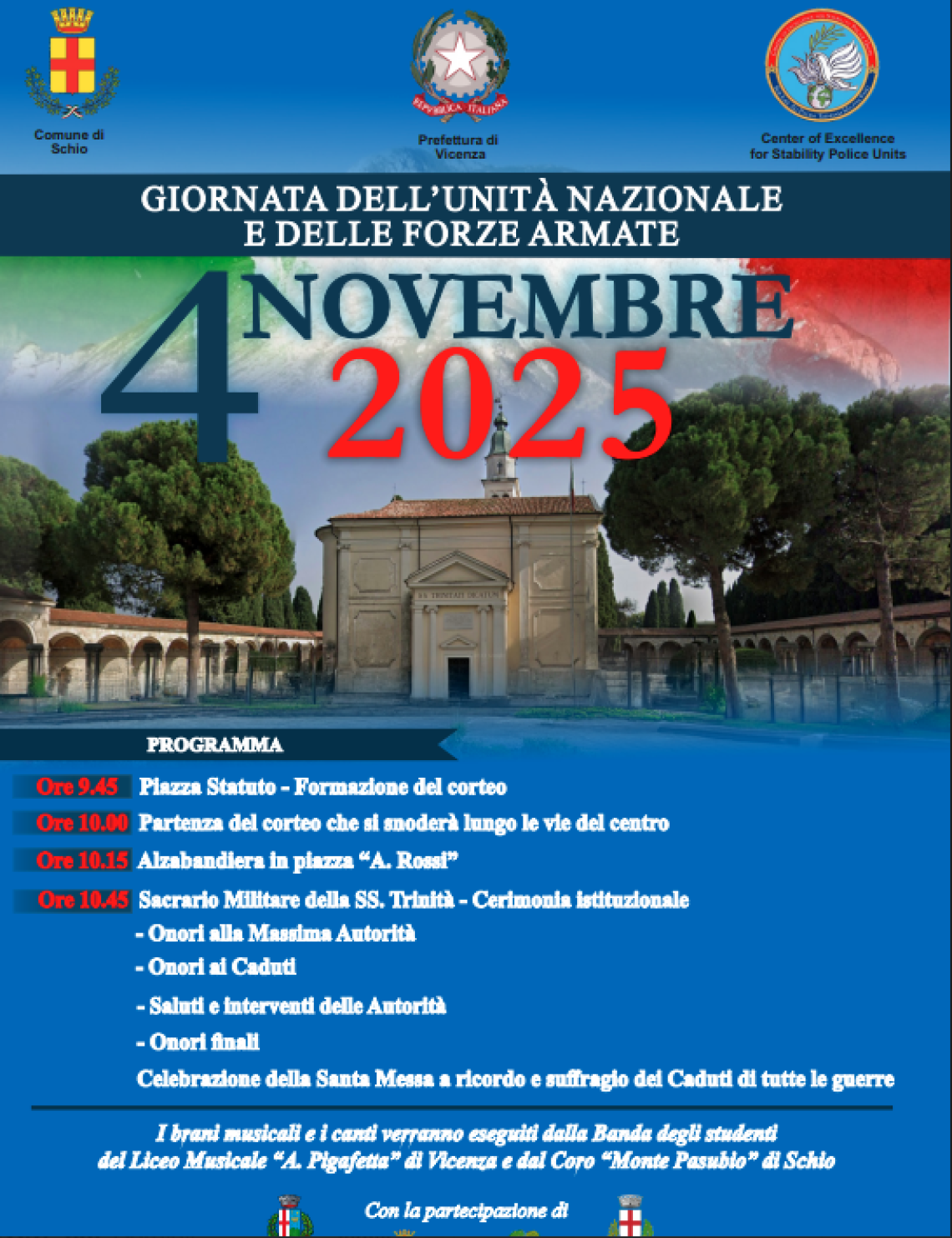Schio celebra il 4 Novembre: il Prefetto Romano inaugura la Giornata dell’Unità Nazionale