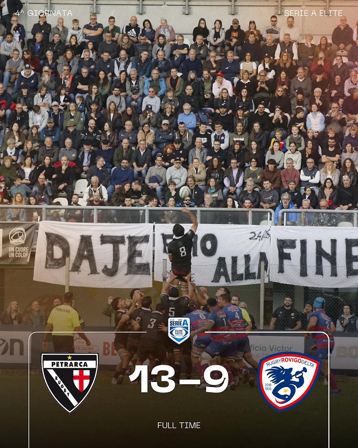 Il Petrarca Rugby si aggiudica il Derby d’Italia e vola in vetta alla Serie A Elite