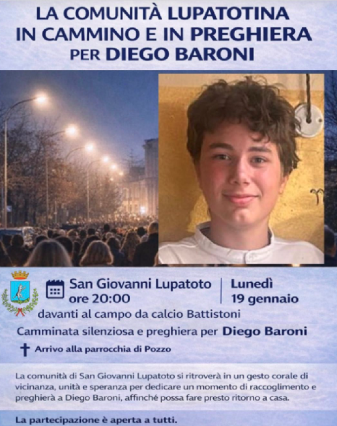San Giovanni Lupatoto in preghiera per Diego: questa sera la camminata della comunit&agrave;