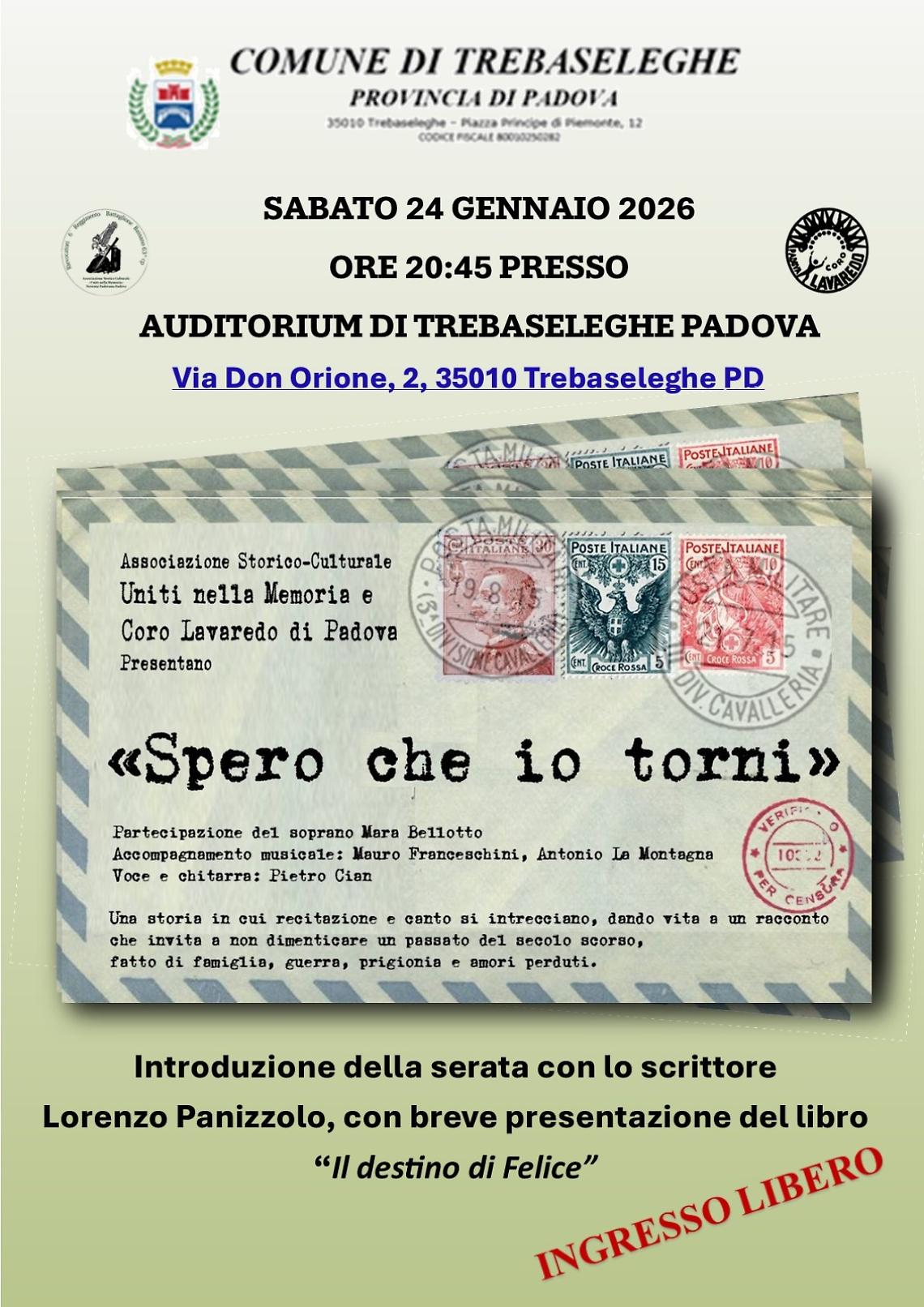 Memoria e Musica per la Grande Guerra: sabato a Trebaseleghe lo spettacolo 'Spero che io torni'
