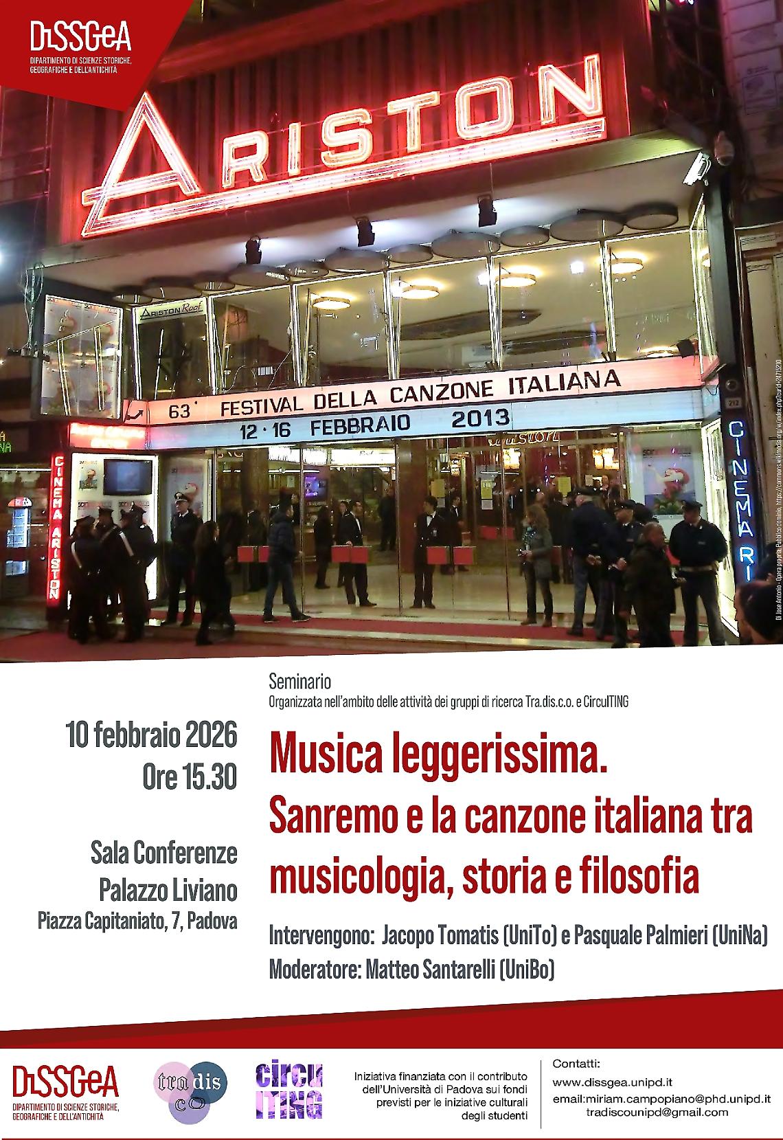 &ldquo;Musica leggerissima&rdquo;: Sanremo sotto la lente di storia, filosofia e musicologia a Padova