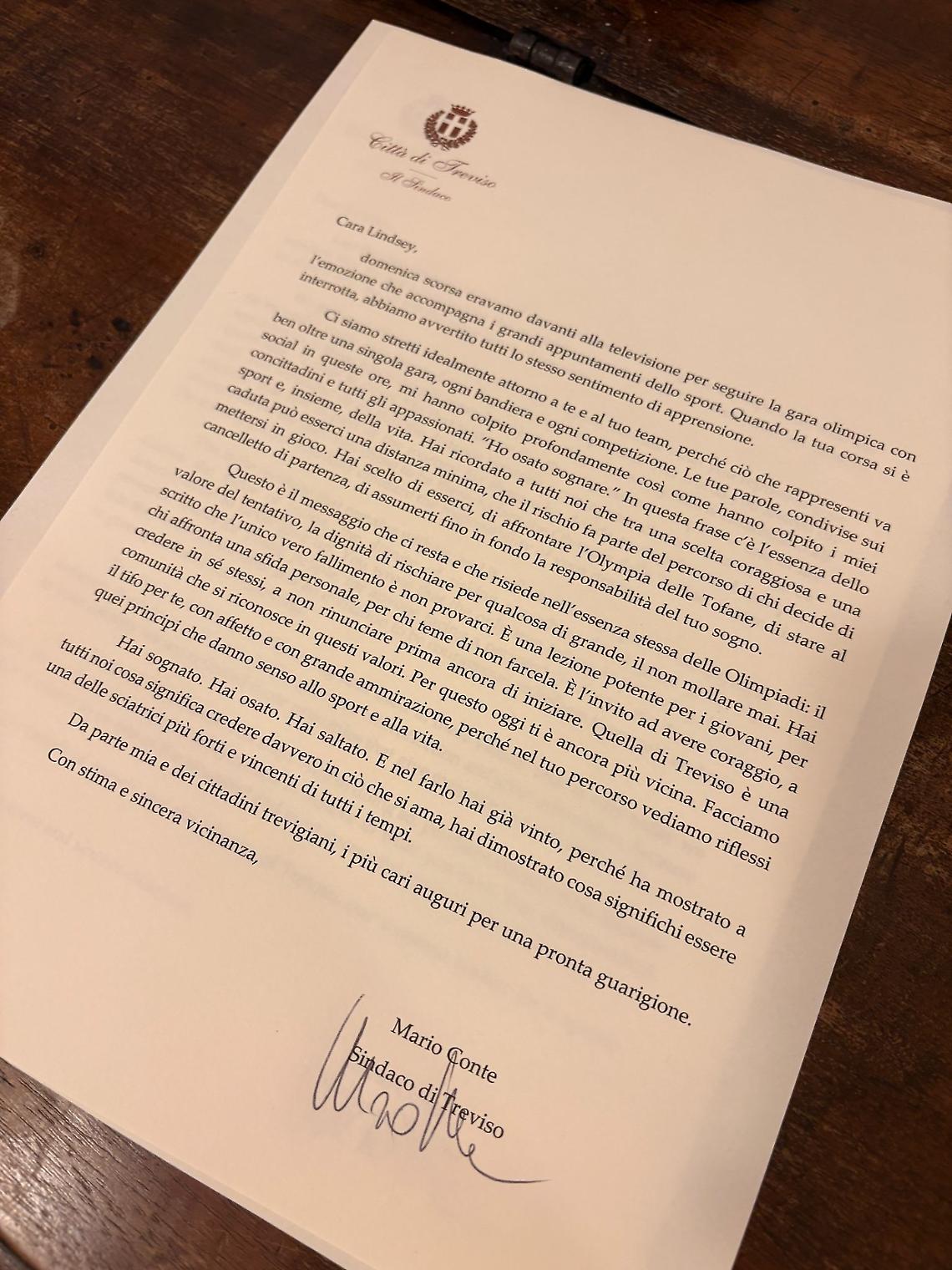 Treviso vicina a Lindsey Vonn: il sindaco le invia una lettera di incoraggiamento