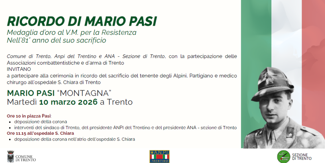 Trento ricorda Mario Pasi: marted&igrave; la cerimonia nell&rsquo;81&deg; anniversario