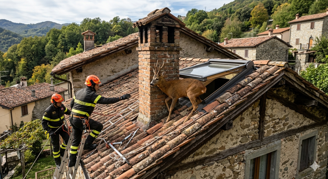 Cervo intrappolato sul tetto a Canazei: salvataggio spettacolare dei Vigili del Fuoco
