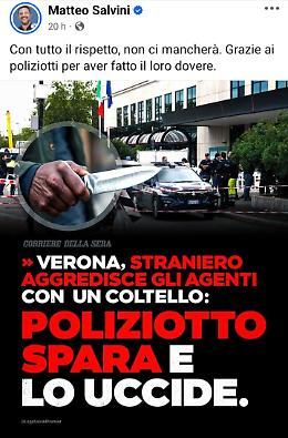 Matteo Salvini commenta l'uccisione del giovane maliano a Verona: "Non ci mancherà''