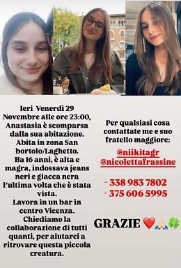 Ragazza di 16 anni scompare a Vicenza: l'appello sui social 