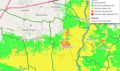 La mappa del rischio idraulico a sud di Padova