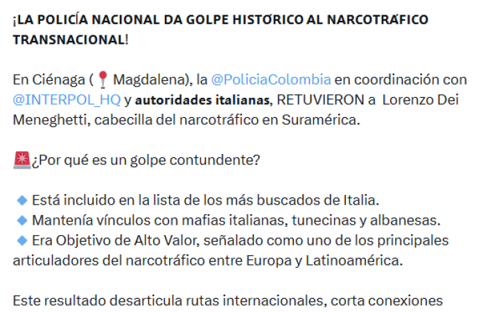 L'annuncio della polizia colombiana
