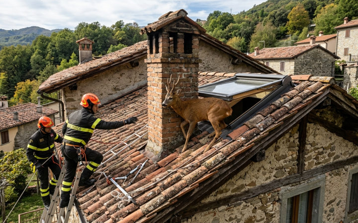 Cervo intrappolato sul tetto a Canazei: salvataggio spettacolare dei Vigili del Fuoco